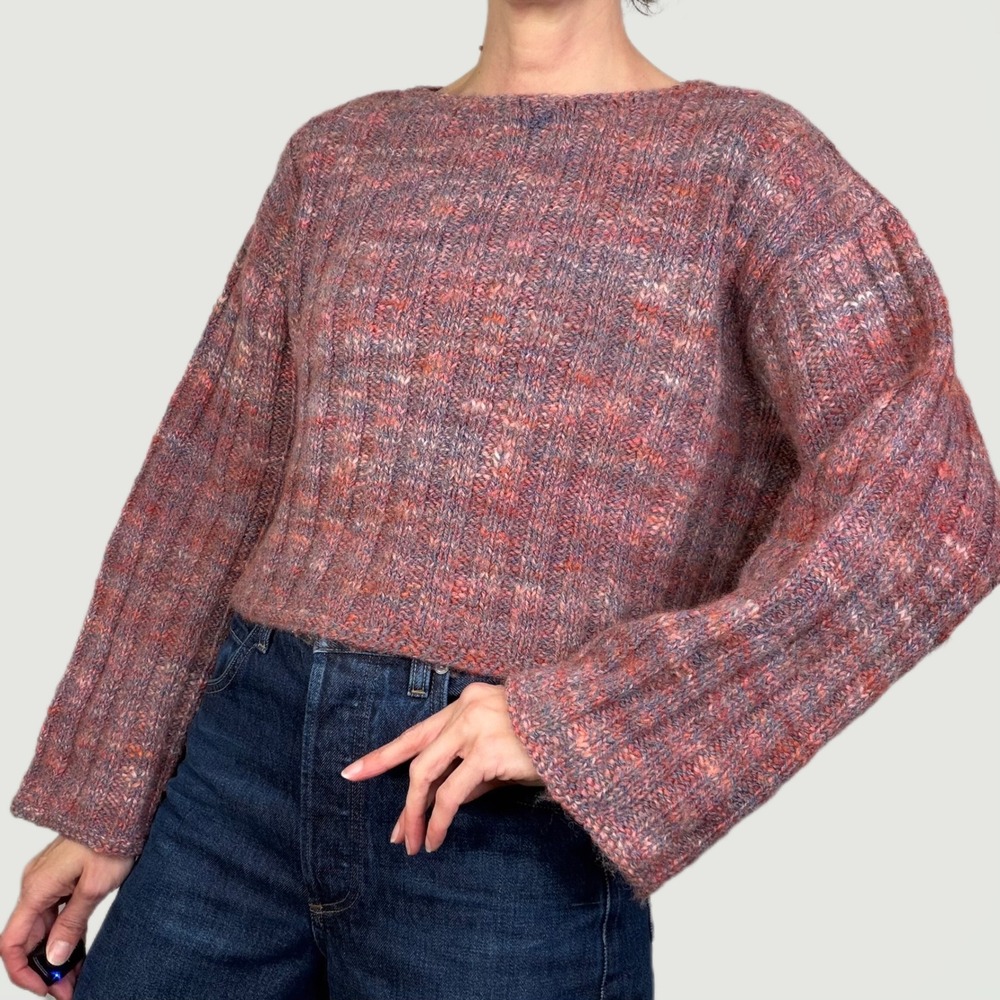 Handmade Handknit Wool Cropped Ribbed Knit Sweater Boat Neck Pullover Hand‎ Knit